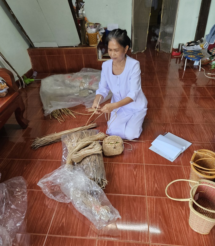 Femme thaïe artisanale tressant la jacinthe d’eau pour un sac OTOP
