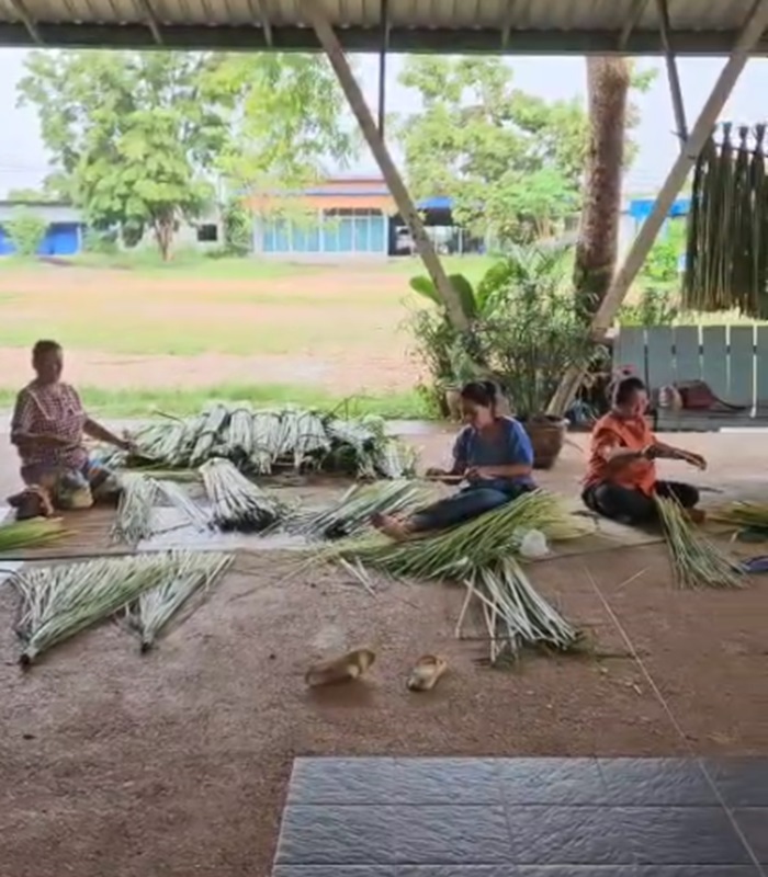 Artisanes thaïlandaises tressant des nattes en roseaux à Nam Phong